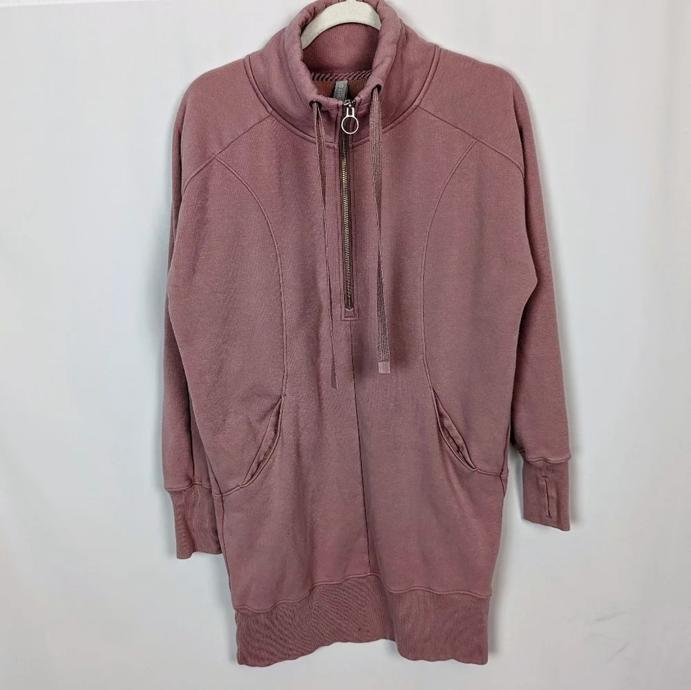 ATHLETA sz S Cozy Karma 1/4 Zip Sweater Dress Tunic  Fleece Lined Floral Mauve - Picture 9 of 16